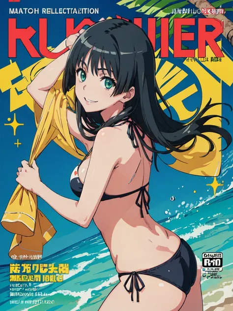 hustlercover, (High resolution:1.4), (masutepiece:1.2), (High quality:1.3) 1girl, saten ruiko, green eyes, long hair, black hair, small breast, bikini,  huge smile