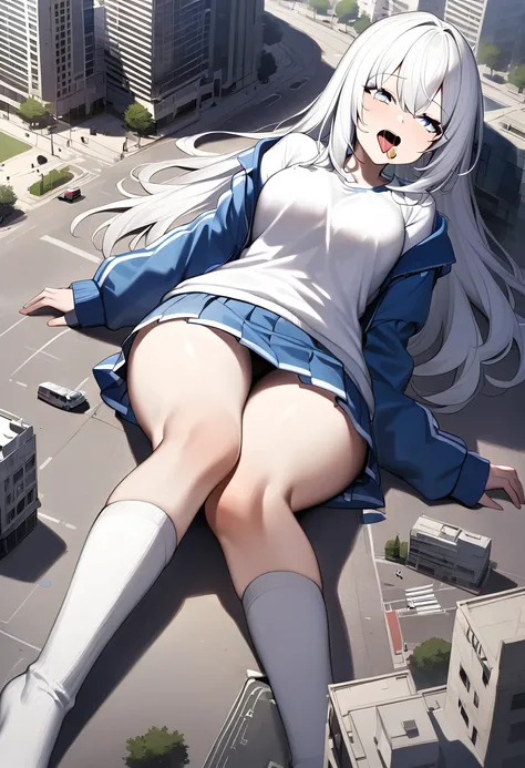 huge，Teenage girl，white hair，short skirt，teasing，A giant girl taller than a building，Wearing white knee socks，Lying on the ground，Toyed around，teasing，Licking the city with tongue，