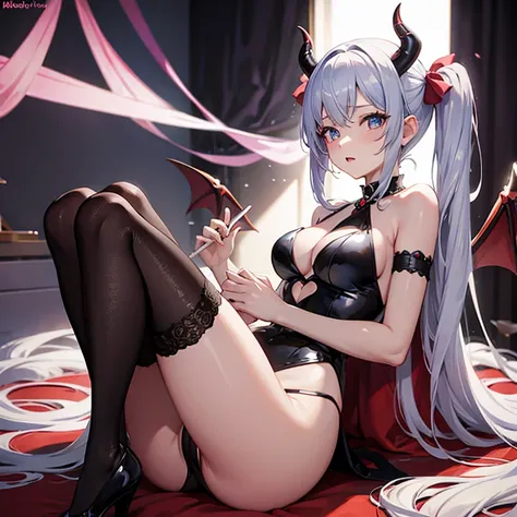 (masterpiece), (perfect hands), best quality, expressive eyes, perfect face, succubus woman with long pink pigtails, wearing skimpy devil outfit, posing on hands and knees doggystyle sex position, camera off to side, perfect pussy, ahegao face