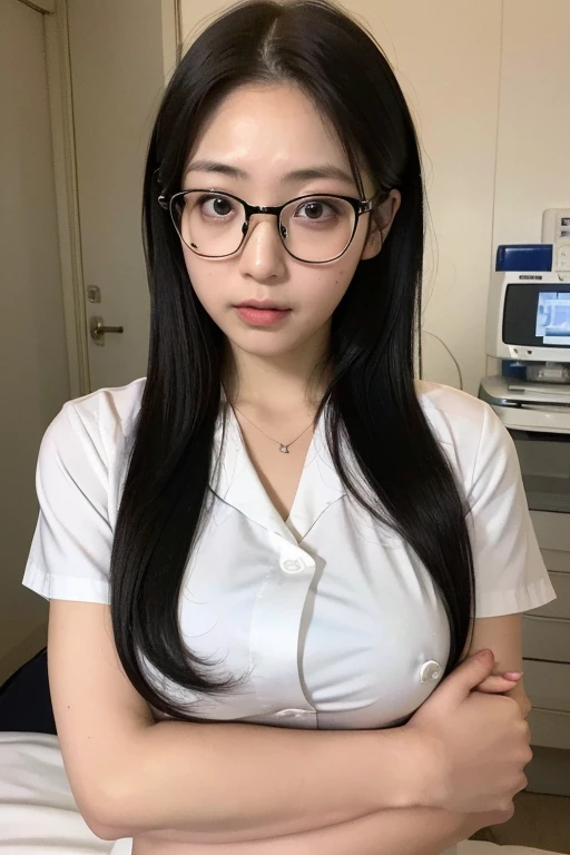 (highest quality, 8K, 32k, masterpiece, UHD:1.2),　Photo of a plain 35-year-old Japanese woman, 1 girl, （Wear glasses）(Beautiful long black hair), (huge saggy breasts), double eyelid, white nurse uniform, little white nurse ， white shirt, open shirt, hospit...