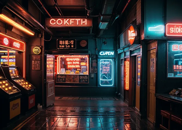 Streets with bright neon lights, Vietnamese shops with colorful neon signs, shimmering lights, billiard shops, internet shops, street-style basketball courts, collectible games, karaoke room, no one appeared, Surrealism, Color Field painting, high detail, ...