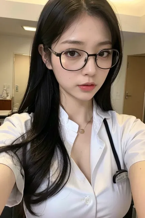 (highest quality, 8K, 32k, masterpiece, UHD:1.2),　Photo of a plain 35-year-old Japanese woman, 1 girl, （Wear glasses）(Beautiful long black hair), (huge saggy breasts), double eyelid, white nurse uniform, little white nurse ， white shirt, open shirt, hospit...