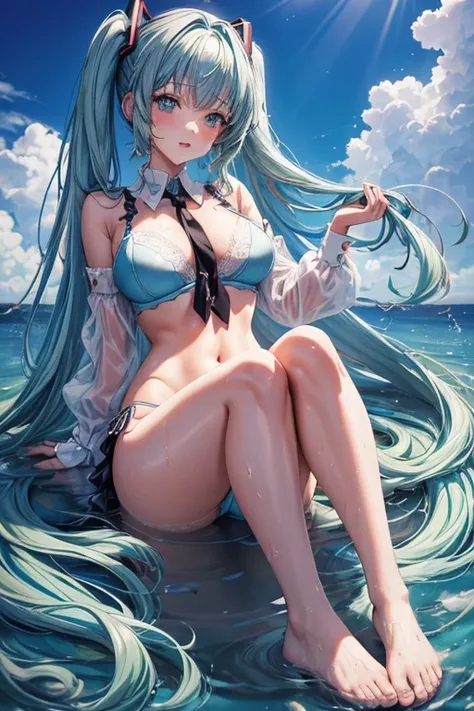 (Seios grandes Hatsune Miku，electronic singer，cabelo verde，Ombros nus，uma saia preta，mangas pretas，(Blusa de cor branca)，Roupas brancas，8k，A high resolution，olhos verdes，fundo do concerto，No local do concerto，em concerto，Only beautiful thighs are exposed，t...