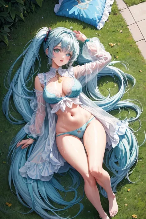 (Seios grandes Hatsune Miku，electronic singer，cabelo verde，Ombros nus，uma saia preta，mangas pretas，(Blusa de cor branca)，Roupas brancas，8k，A high resolution，olhos verdes，fundo do concerto，No local do concerto，em concerto，Only beautiful thighs are exposed，t...