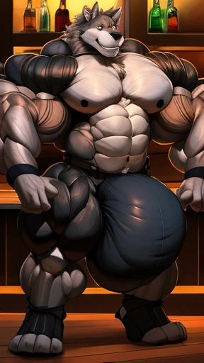 4k, high resolution, best quality, perfect lightning, perfect shadows, solo, anthro, young, boy, wolf, furry body, (fluffy mane:1.2), fluffy tail, male, adult, (bulky, thick muscles, huge muscles, hyper muscles:2.0), (thick biceps, veiny biceps, big broad ...