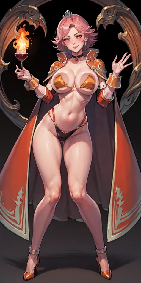 Two long thighs, yellow eyes, blonde hair, short hair, large breasts, detached sleeves, very white background, royal tiara, long cape, yellow tiger bikini, high heels, hands on hips. red tattoo on belly navel, full body female MILF BIMBO, lustful smirking ...