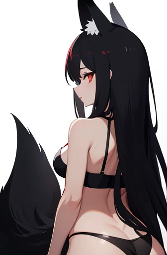 black fox girl , red eyes , long hair , fox ears , fox tail , black bra , black underwear , back