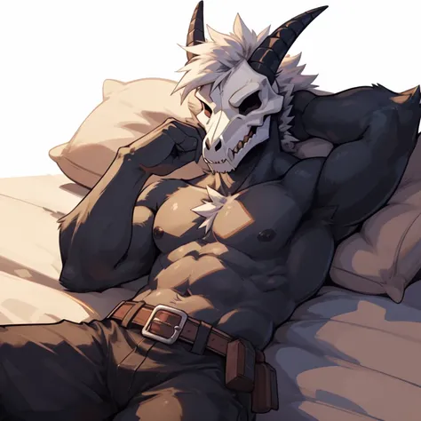 solo, goat horns, black dragon, black scalie, fully black body, black chest, goat skull mask, goat skull, skull mask, white hair, white chest tuft, 1 boy, (pose:1.3), (posing:1.3), laying down on black bed, head on pillow, eyes closed, snoring, sleeping, a...