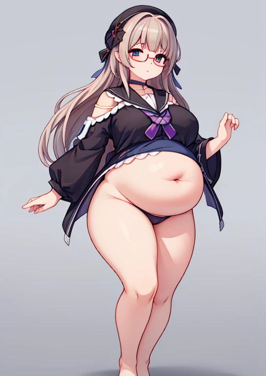 (masterpiece, best quality, highly detailed), 1girls, big belly, blurry background, huge belly, art by kipteitei, round belly, chubby, curvy, simple_background, gradient_background, belly grab, enormous belly, fat belly, thicc, bigger belly, really big bel...