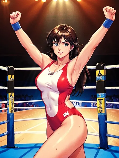 ((Best quality)), ((masterpiece)), 30s mature female wrestler wearing competition swimsuit, ((wrestling ring)), sweaty armpit, looking at viewer, smile, highleg, long hair, curvy, 