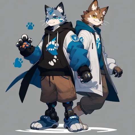 Furry blue cat, half cyborg, your body contains robotic parts, wears a long dark gray sweatshirt with a big paw print in the middle, the sleeves of the coat are striped between white and dark gray, brown shorts, showing his paws.