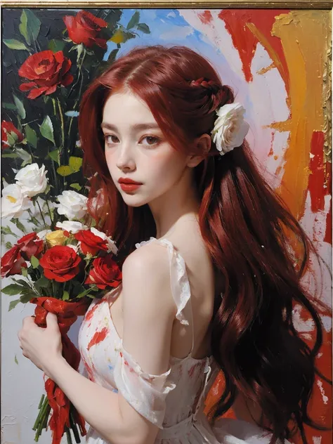 portrait,1girl,solo,dress,holding bouquet,long hair,red flower,red hair,red rose,white dress,((dyeing)),((oil painting)),((impasto)),