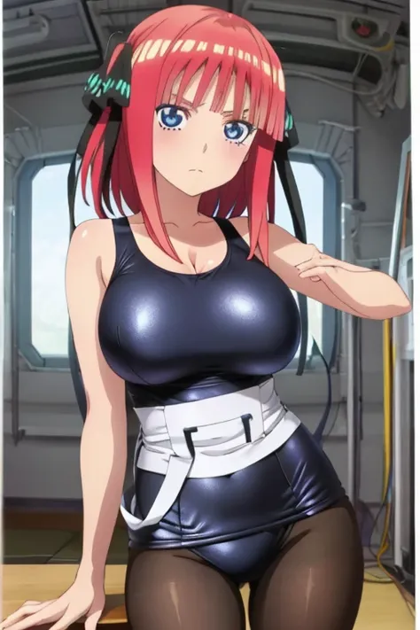 best quality, ultra-detailed masterpiece, anime art style, cute characters, nino nakano, one-piece swimsuit, large breasts, pantyhose, An engineer dressed as a young black-haired woman with a serious expression, The background is a large scientific observa...