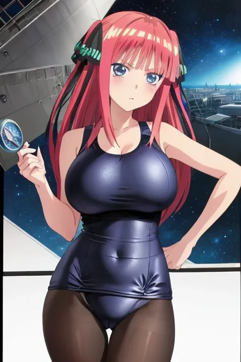 best quality, ultra-detailed masterpiece, anime art style, cute characters, nino nakano, one-piece swimsuit, large breasts, pantyhose, An engineer dressed as a young black-haired woman with a serious expression, The background is a large scientific observa...