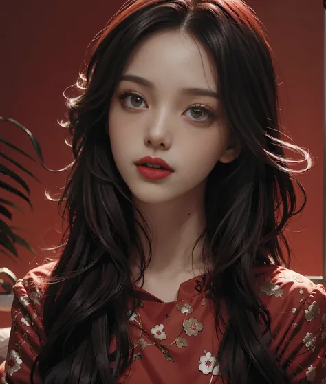 Wearing a red dress《One Piece》Nicole Robin is surrounded by roses, black long curly hair，No bangs in the middle distribution，Sunglasses on your head hold your hair，in a red dream world, in red background, rich red colors, vibrant red colors, Extremely colo...