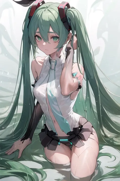 Seios grandes Hatsune Miku，electronic singer，cabelo verde，Ombros nus，uma saia preta，mangas pretas，(Blusa de cor branca)，Roupas brancas，8k，A high resolution，olhos verdes，fundo do concerto，No local do concerto，em concerto，Only beautiful thighs are exposed，th...