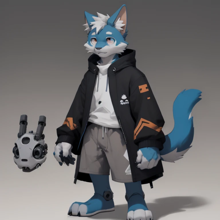 Furry blue cat, half cyborg, your body contains robotic parts, wears a long dark gray sweatshirt with a big paw print in the middle, the sleeves of the coat are striped between white and dark gray, brown shorts, showing his paws.