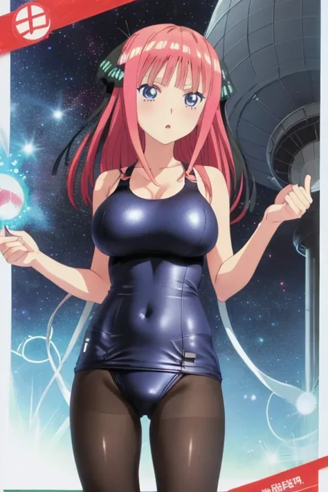 best quality, ultra-detailed masterpiece, anime art style, cute characters, nino nakano, one-piece swimsuit, large breasts, pantyhose, serious expression, The background is a large scientific observatory with a large screen and many staff members