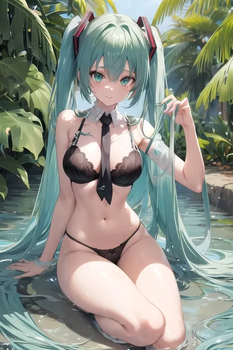 Seios grandes Hatsune Miku，electronic singer，cabelo verde，Ombros nus，uma saia preta，mangas pretas，(Blusa de cor branca)，Roupas brancas，8k，A high resolution，olhos verdes，fundo do concerto，No local do concerto，em concerto，Only beautiful thighs are exposed，th...