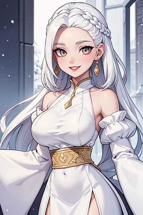 best quality, masterpiece,white hair, gold eyes,white clothes, looking up, upper body,hair strand,fair skin,side braids large bo...