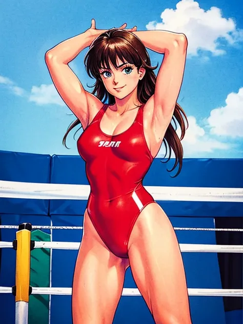 ((Best quality)), ((masterpiece)), 30s mature female wrestler wearing competition swimsuit, ((wrestling ring)), sweaty armpit, looking at viewer, smile, highleg, long hair, curvy, 