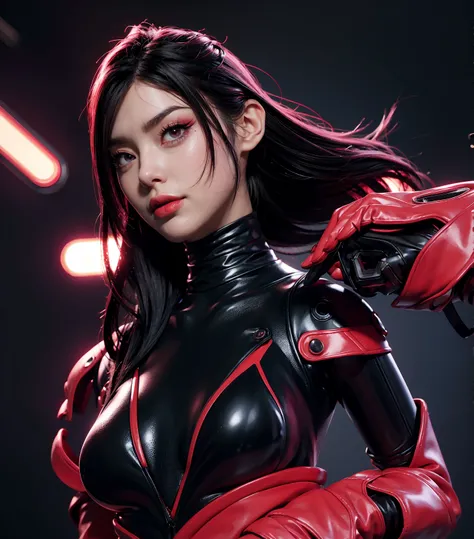 solo, super fine photo, portrait Unreal Engine 5 8K UHD of a couple, red and black color scheme tight cybernetic latex catsuit, cyberpunk face mask, cybernetic glove, futuristic design, magenta neon lights details, beautiful make up, luxurious, best qualit...