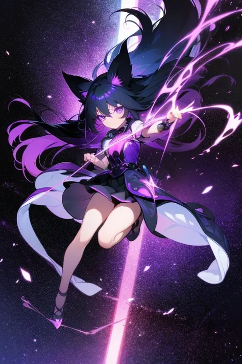 In the darkness, Dark Space, A little Loli with purple and black long hair is suspended in the air, seems very small, Her hair glows a dark purple, A mysterious dark purple light emanates from the eyes, She was dressed in black, Behind her is the mysteriou...