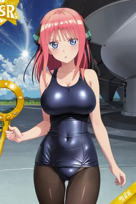 best quality, ultra-detailed masterpiece, anime art style, cute characters, nino nakano, one-piece swimsuit, large breasts, pantyhose, serious expression, The background is a large scientific observatory with a large screen and many staff members