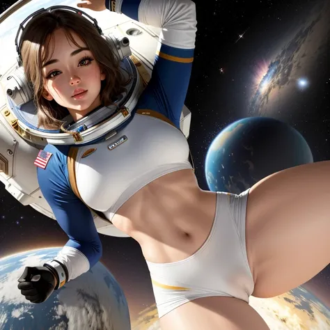 Astronaut girl in space ripped sexy clothes cameltoe sweaty body planets in the background 