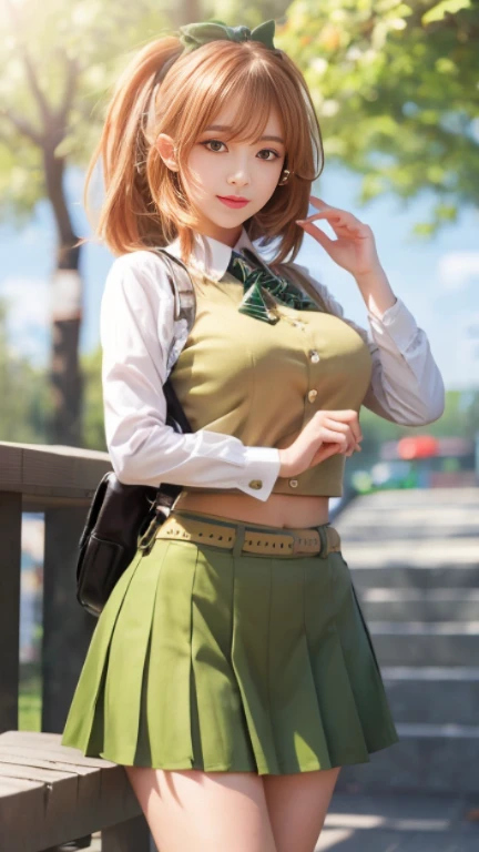 girl in a green skirt and a white shirt, realistic , hyperrealistic , a hyperrealistic , beautiful high school girl, school girl, smooth cg art, jk uniform, magical school student uniform, female protagonist 👀 :8, visual of a cute girl, marin kitagawa fana...