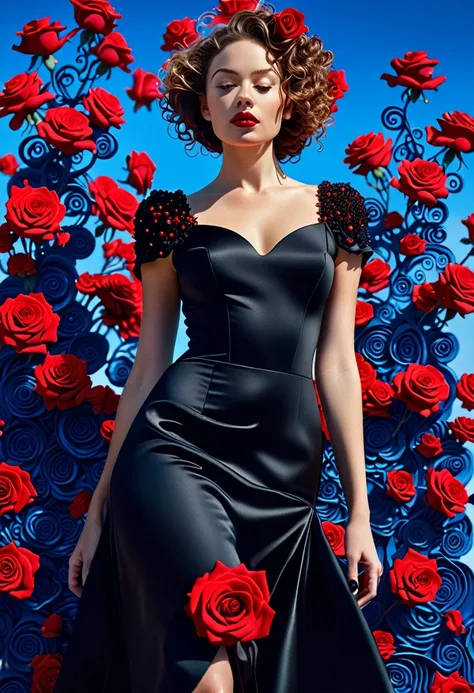 32k full-body abstract photo，bright detail，A beautiful woman in a black dress, Coated with curly red rose granules, Blue sky palette, James Jean, insanely details, Very detailed, Epic, Dramatic, Photorealistic, Photography, Super gorgeous details, Bokeh, S...