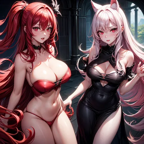 An attractive busty futanari with Beautiful long crimson red hair, ruby red eyes, dressed in a flowing black dress, milky white skin, pink lips, stubborn nose, subtle curves, fantastical background