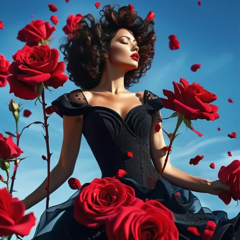 32k full-body abstract photo，bright detail，A beautiful woman in a black dress, Coated with curly red rose granules, Blue sky palette, James Jean, insanely details, Very detailed, Epic, Dramatic, Photorealistic, Photography, Super gorgeous details, Bokeh, S...