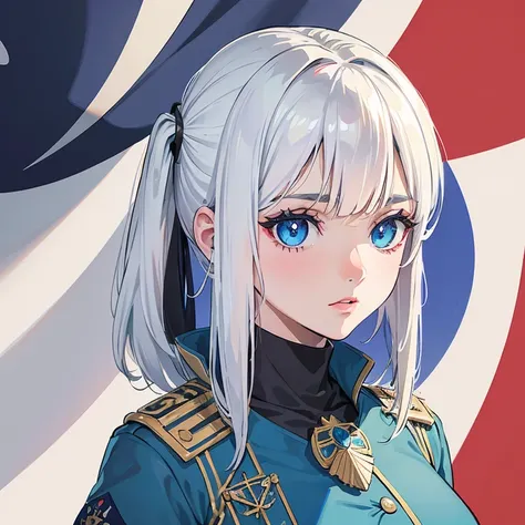 Uma linda em 2d, ela tem o cabelo branco, she has heterochromia and her left eye is red and her right eye is blue, ela usa um uniforme militar na cor roxa 