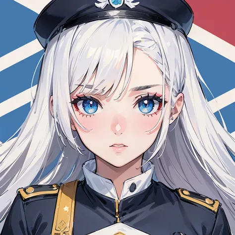 Uma linda em 2d, ela tem o cabelo branco, she has heterochromia and her left eye is red and her right eye is blue, ela usa um uniforme militar na cor roxa 