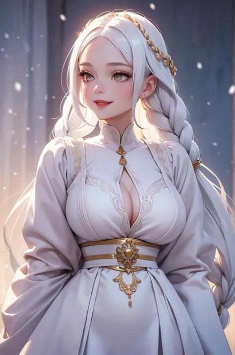 best quality, masterpiece,white hair, gold eyes,white clothes, looking up, upper body,hair strand long hair,Fair skin,side braids with coloured threads braided in them. Large bosom, extremely thin waist, exstremely thin hips. large red lips. Wide smile, go...