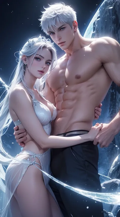 Half body shot a beautiful couple,  very handsome hunky celestial white super bulge shirtless Jack Frost and very beautiful and sexyness celestial white ice Princess , standing firmly face frontal camera focus asymmetrical face details,charachter, beautifu...