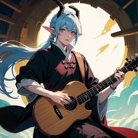 elf ears, goat horns, bard with lute. Choso appearance from Jujutsu Kaisen
