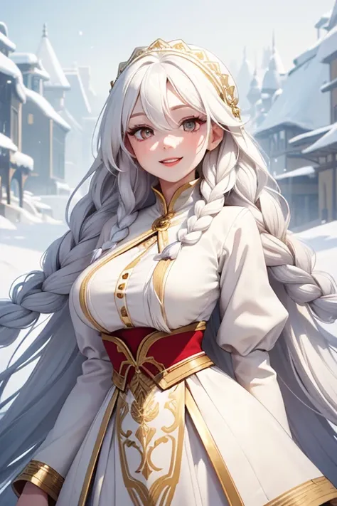 best quality, masterpiece,white hair, gold eyes,white clothes, looking up, upper body,hair strand long hair,Fair skin,side braids with coloured threads braided in them. Large bosom, extremely thin waist, exstremely thin hips. large red lips. Wide smile, go...