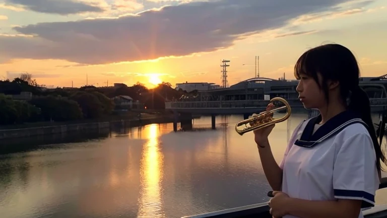 In the glow of a bright red sunset、A Japanese high school girl wearing a white blouse and navy skirt uniform is standing alone by the river practicing trumpet.、Footage from afar