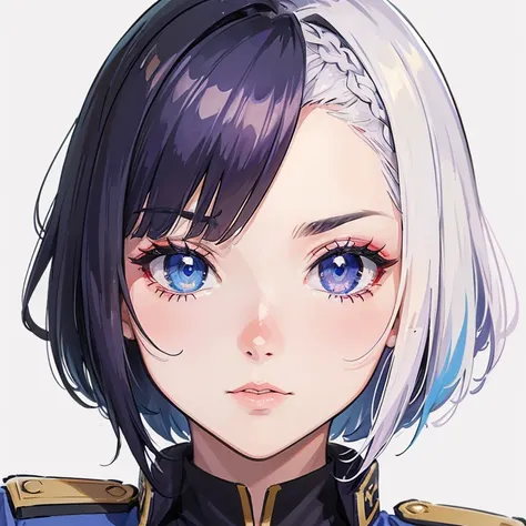 Uma linda em 2d, ela tem o cabelo branco, she has heterochromia and her left eye is red and her right eye is blue, ela usa um uniforme militar roxo