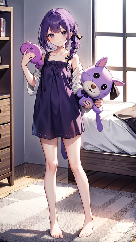 whole body,full body,Standing picture,standing position,Photographed from the front,from front,Girl holding a stuffed toy,purple hair,one piece,Room wear,cute,smile