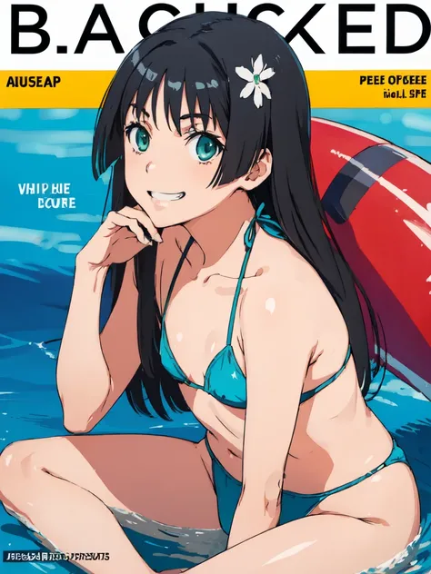 bbc cover, (High resolution:1.4), (masutepiece:1.2), (High quality:1.3) 1girl, saten ruiko, green eyes, long hair, black hair, small breast, bikini,  grin