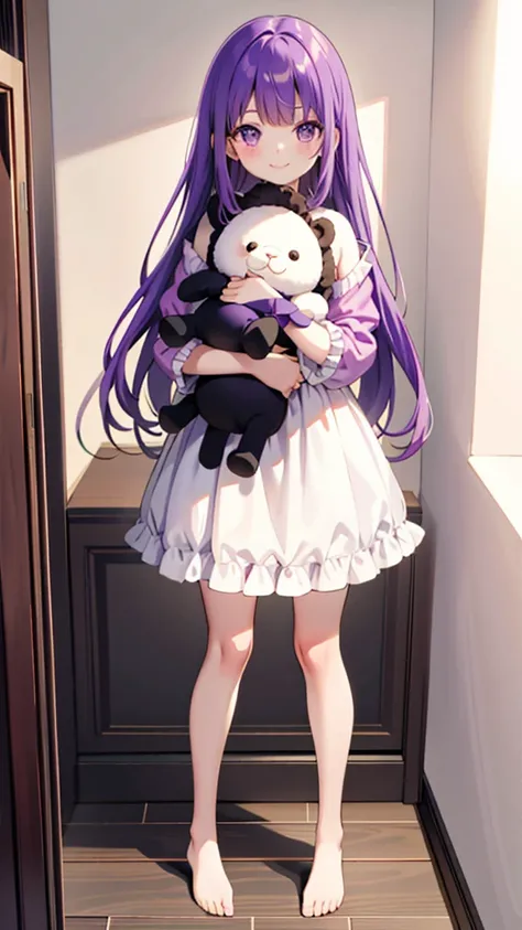 whole body,full body,Standing picture,standing position,Photographed from the front,from front,Girl holding a stuffed toy,purple hair,one piece,Room wear,cute,smile