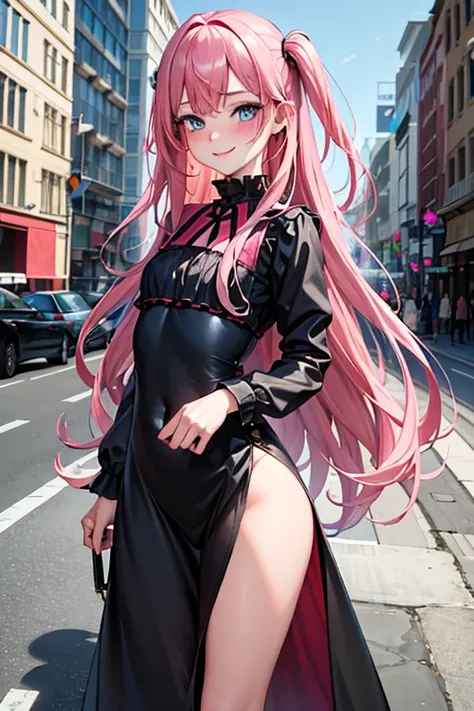 (best quality:1.1), (masterpiece:1.4), (absurdres:1.0),  
1girl, long_hair, very long hair, pink hair, (flat chest), blue eyes, black dress, looking at viewer, outdoors, (blush:1.2), city, smile, young, slutty dress, nice hips, 
