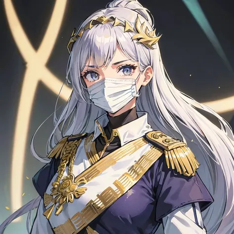 (Menina bonita 2d) (cabelo longo e branco) (She wears a golden mask on her face) (ela usa um uniforme militar roxo) (foco no rosto) (corajosa) (tem olhos vermelhos e azuis)