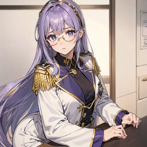 (Menina bonita 2d) (cabelo longo e branco) (she wears gold glasses) (ela usa um uniforme militar roxo) (foco no rosto) (corajosa) (tem olhos vermelhos e azuis)