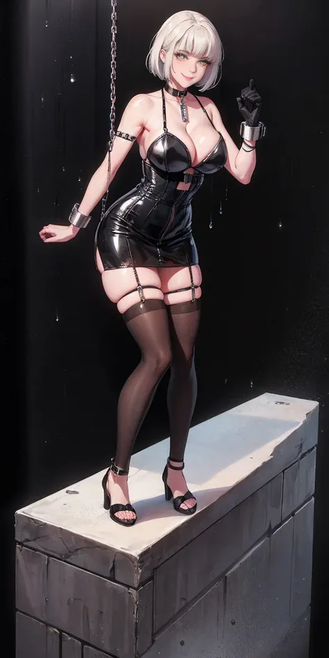 a single (mature MILF BIMBO albino skin and short white hair), (FULL BODY) perfect face, wearing tight leather bandages, BIG KNOCKERS CLEAVAGE, lustful smirking smile red blush red cheeks, chain leash, kneeling, shackles, leather black collar slave, ((BLAC...