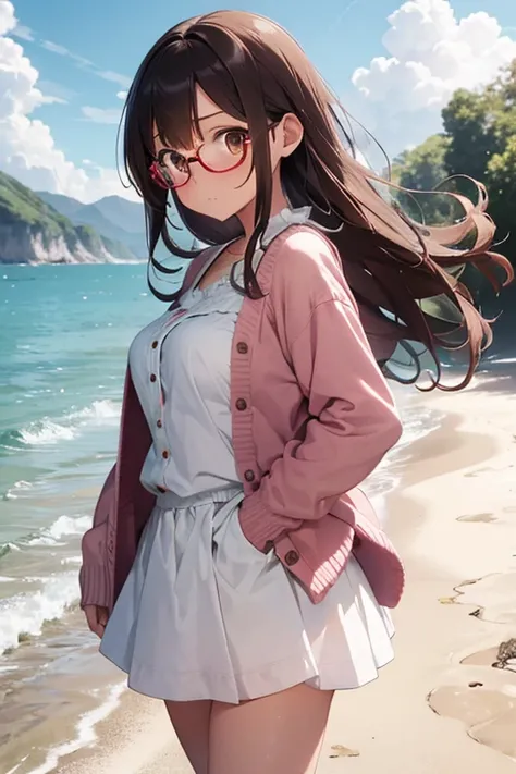 High resolution, high quality, 1 girl, anime girl, Brown hair long hair, brown eyes, Green glasses, sunburnt skin, big breasts, (big ass),pink cardigan,White ruffled skirt,White knee-length socks,Upper body,Walk,on the beach,