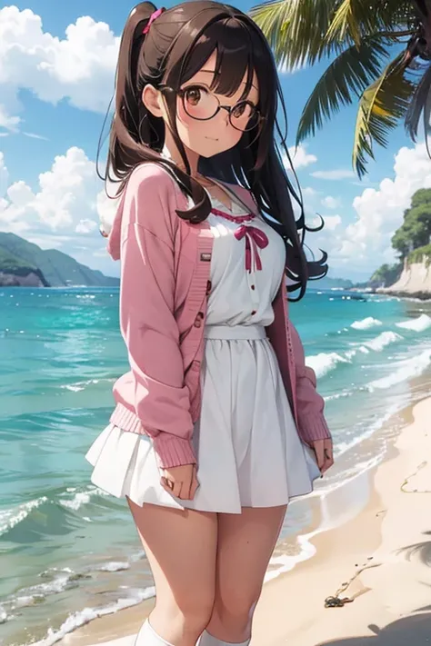 High resolution, high quality, 1 girl, anime girl, Brown hair long hair, brown eyes, Green glasses, sunburnt skin, big breasts, (big ass),pink cardigan,White ruffled skirt,White knee-length socks,Upper body,Walk,on the beach,